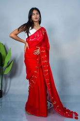 Cherry Bloom Embroidery Mul Cotton Saree