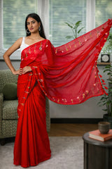 Cherry Bloom Embroidery Mul Cotton Saree