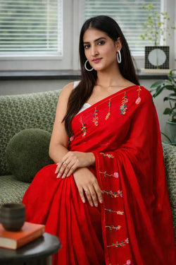 Cherry Bloom Embroidery Mul Cotton Saree