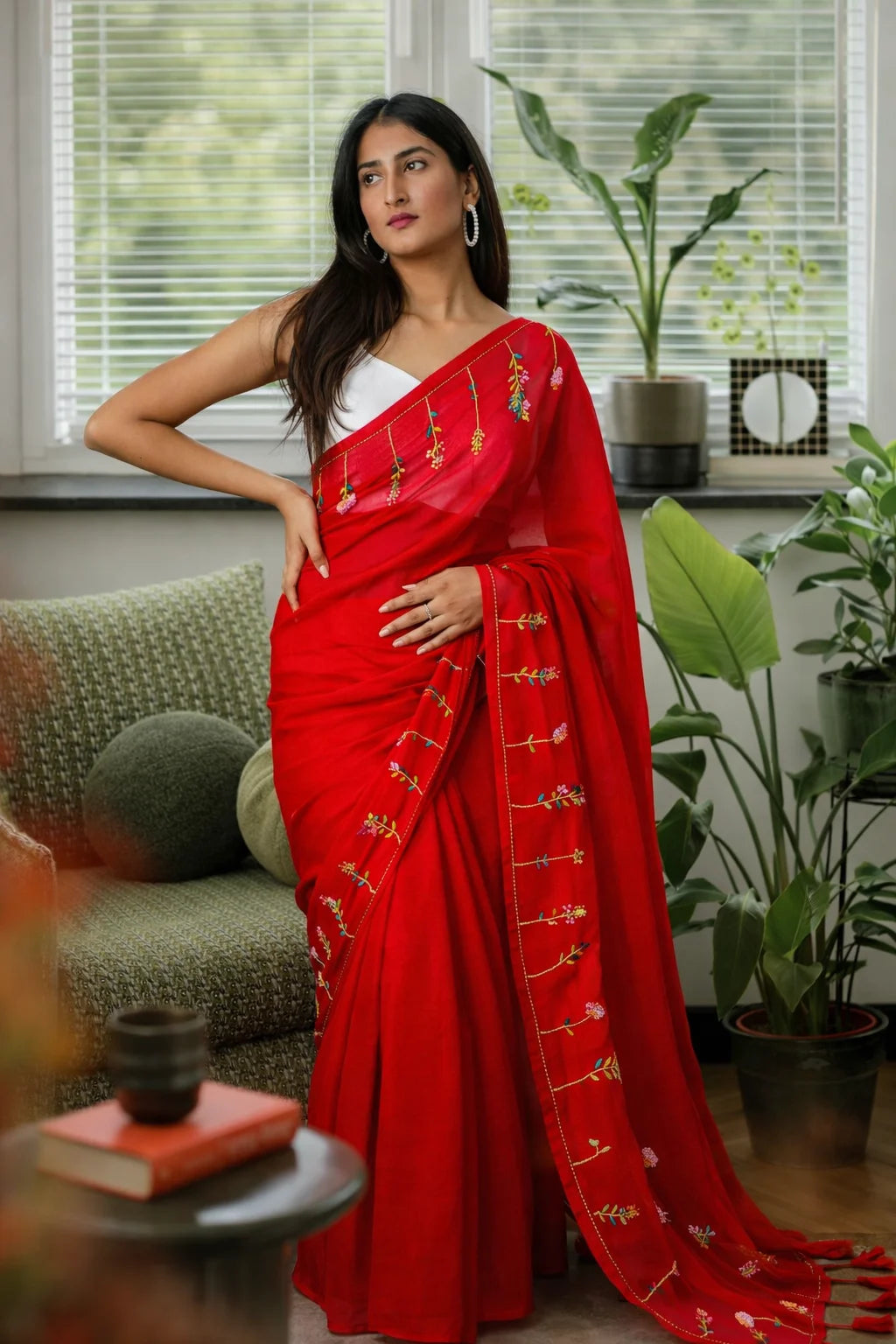 Cherry Bloom Embroidery Mul Cotton Saree