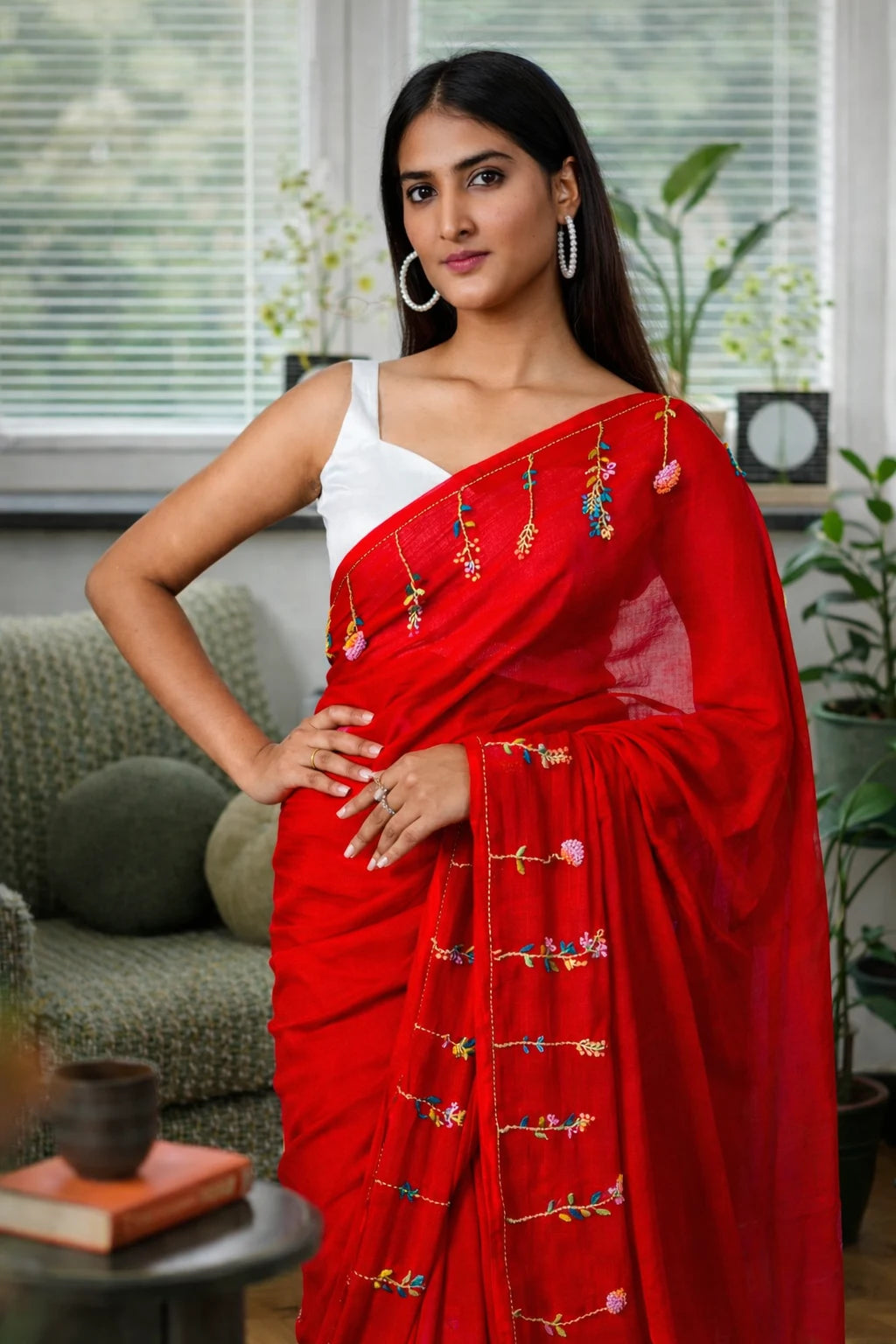 Cherry Bloom Embroidery Mul Cotton Saree