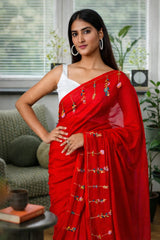 Cherry Bloom Embroidery Mul Cotton Saree