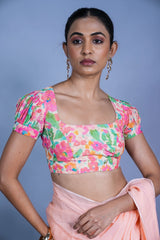 Bloom Puff sleeve blouse | multicolor floral pop puff sleeves with back scallop