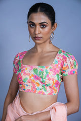 Bloom Puff sleeve blouse | multicolor floral pop puff sleeves with back scallop