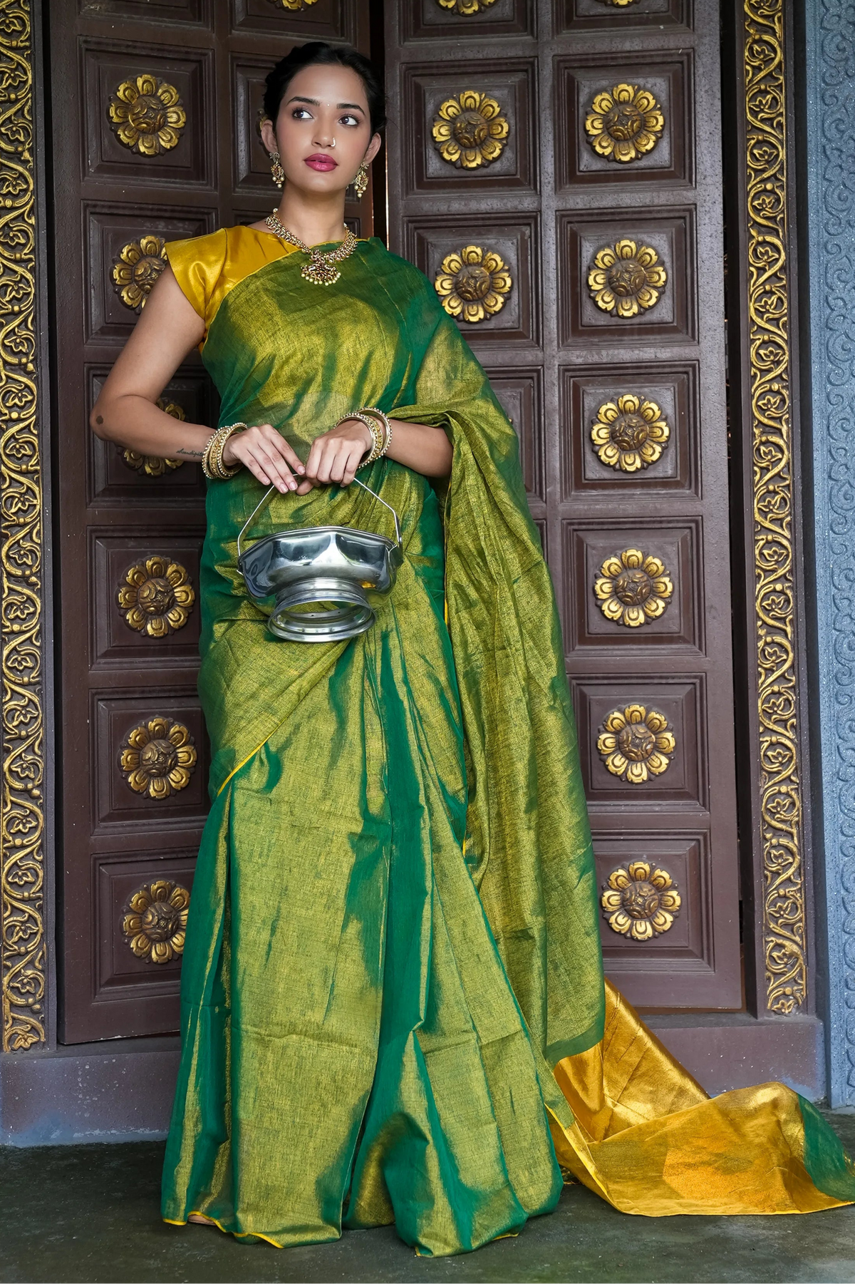 GreenGleam Linen Zari Saree
