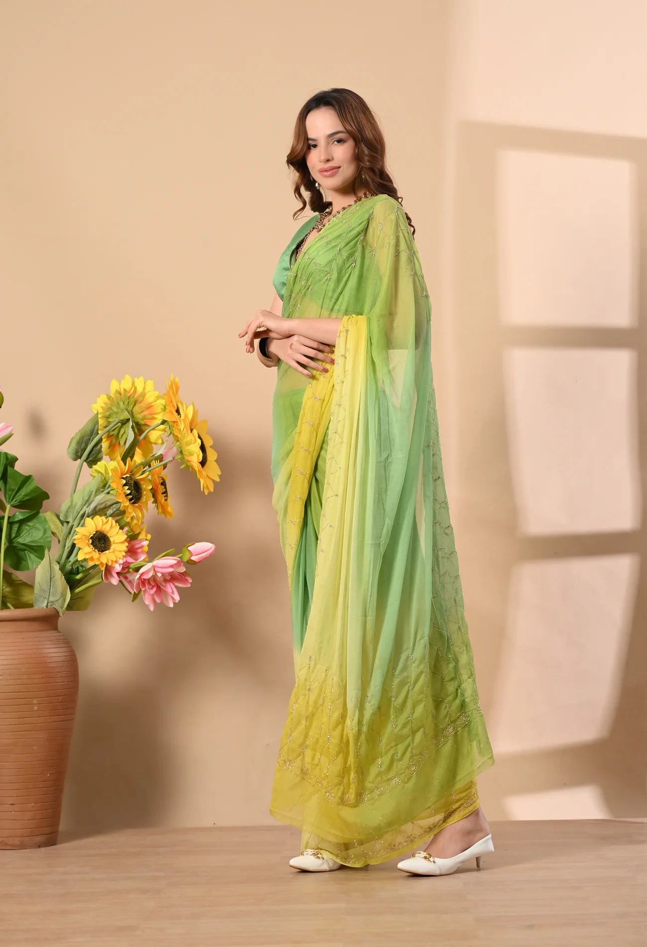 Lime Green Thread Work Chiffon 
Saree