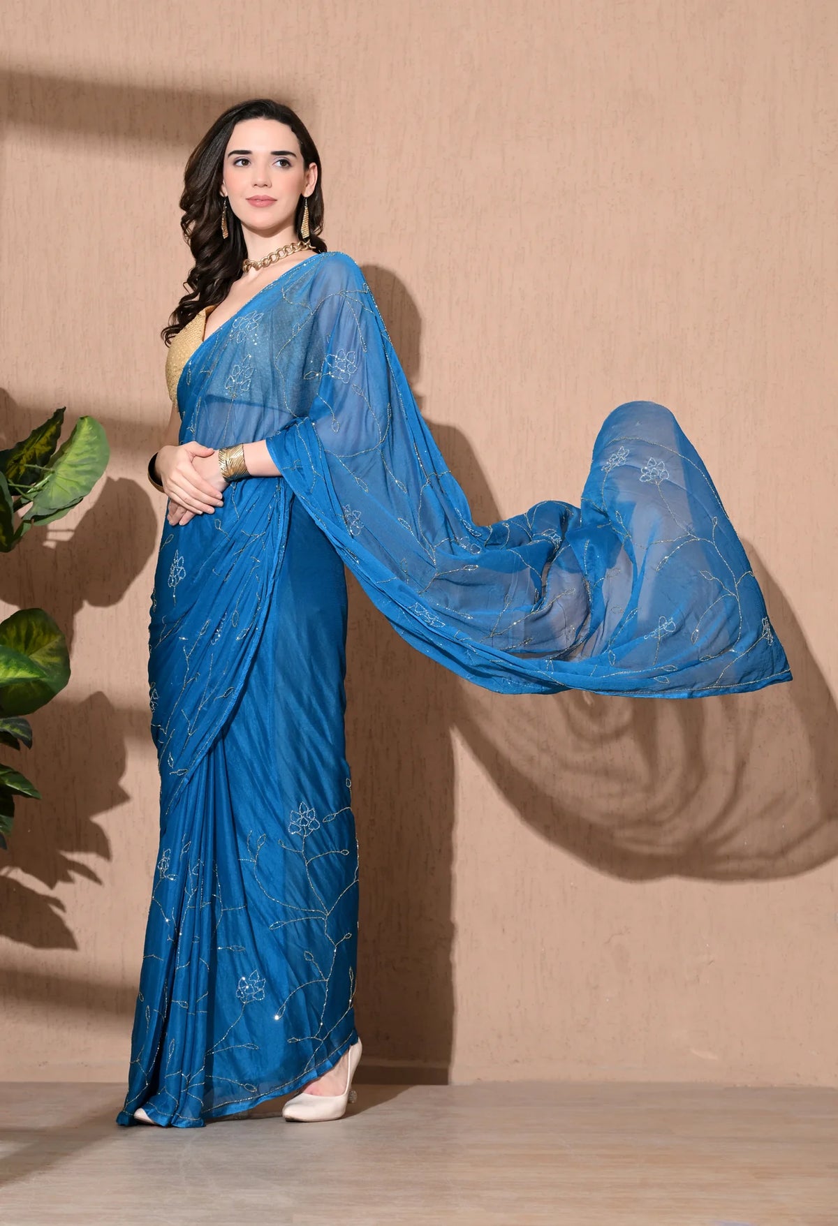 Cobalt Blue Thread Work chiffon Saree