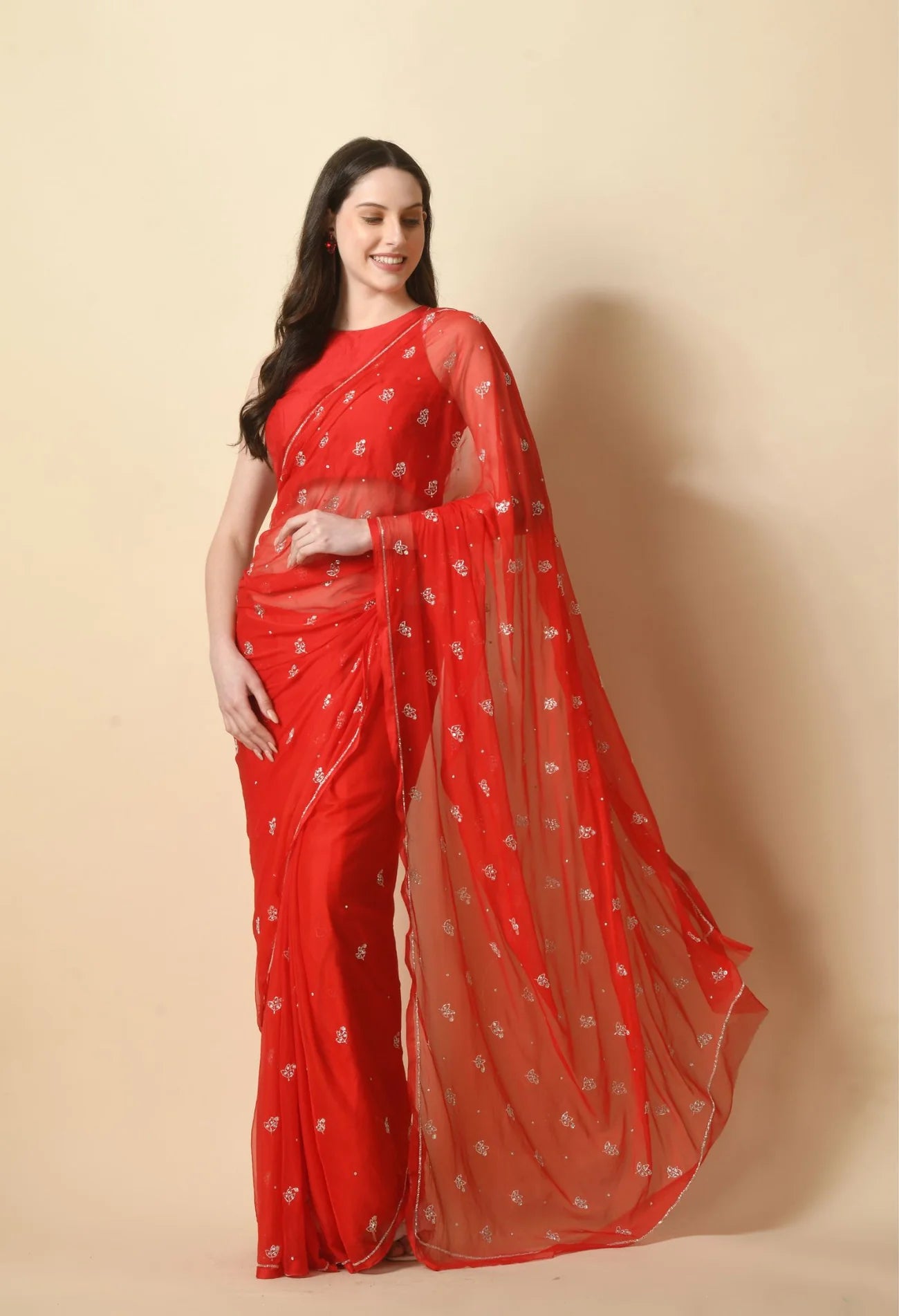 Tomato Red Florals Chiffon Saree