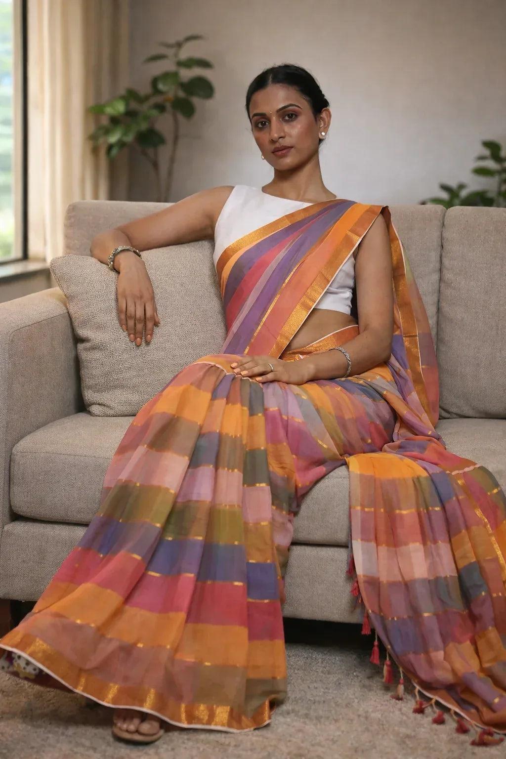 Sunset Stripes Mul Cotton Saree