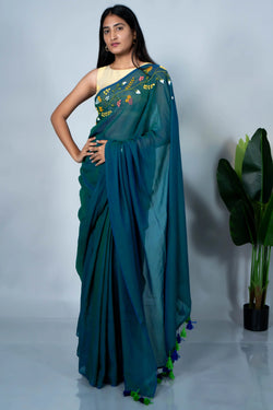 Teal Aura Embroidery Mul Cotton Saree