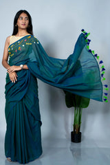 Teal Aura Embroidery Mul Cotton Saree
