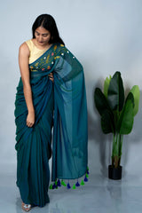 Teal Aura Embroidery Mul Cotton Saree