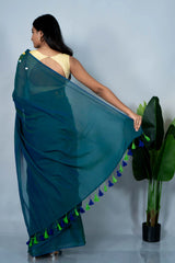 Teal Aura Embroidery Mul Cotton Saree