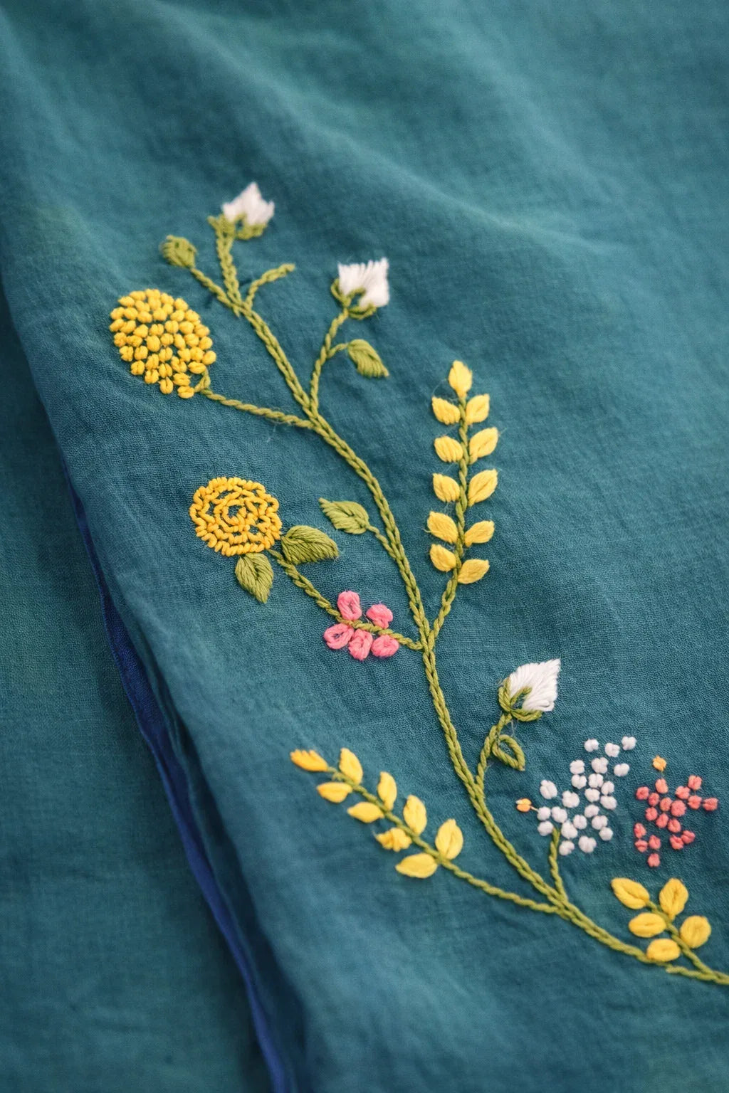 Teal Aura Embroidery Mul Cotton Saree
